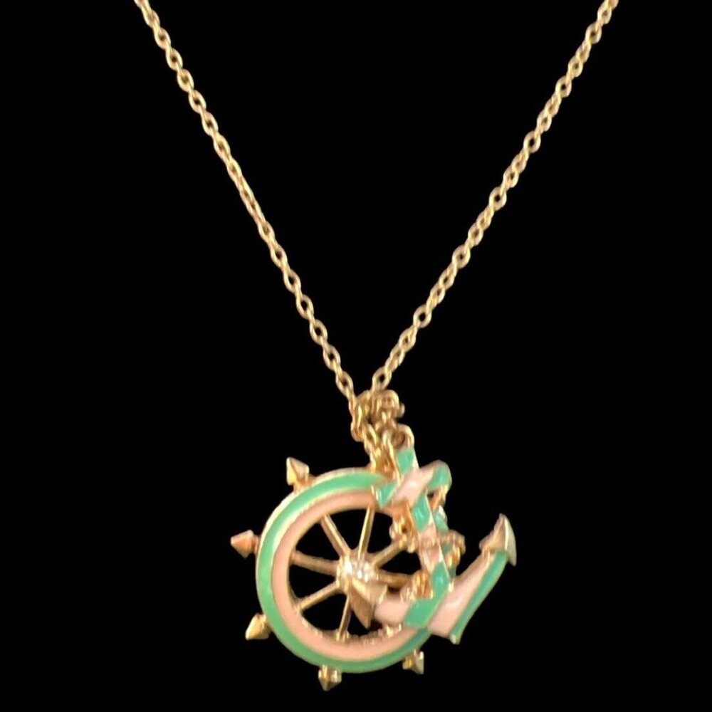 Gold Chain Necklace w Gold & BlueGreen Ship Wheel & Anchor Pendants 34" 1 Piece